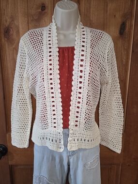 Liz Claiborne Cream Openwork Crochet Cardigan‎